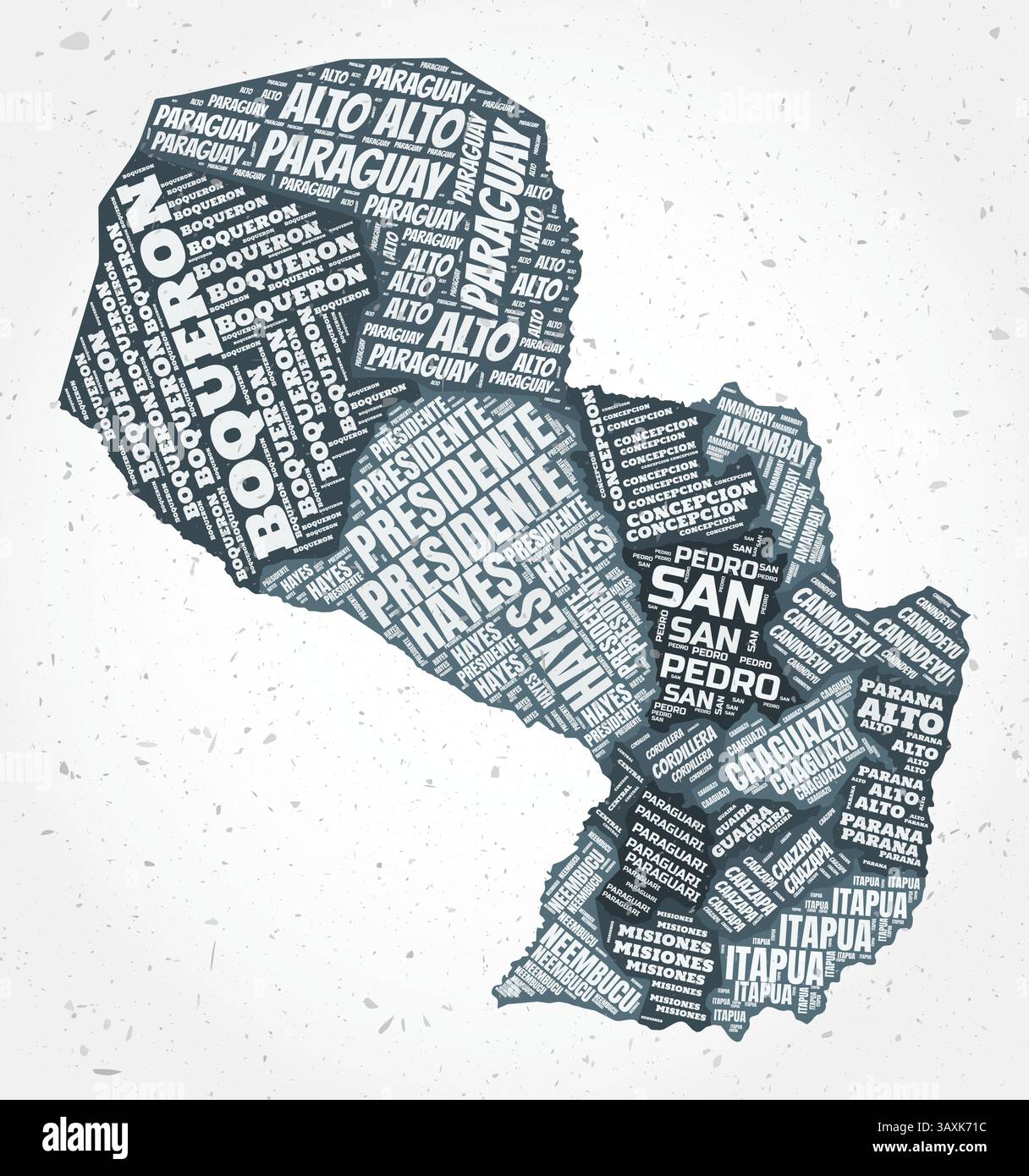 Paraguay regions word clouds. Country shape on textured background. Paraguay design in typographic style. Creative vector illustration. Stock Vector
