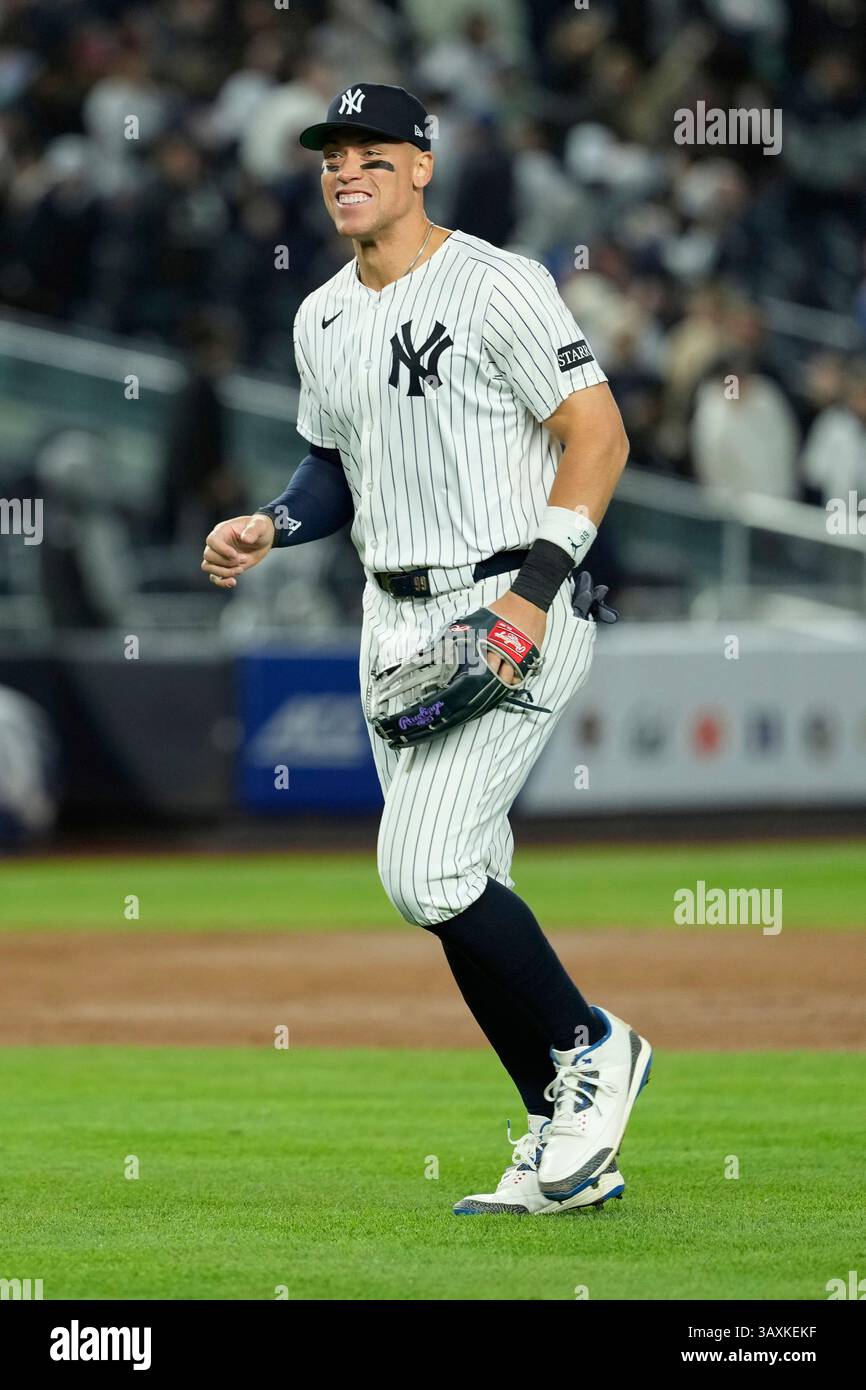 New York Yankees' Aaron Judge smiles after a baseball game against the