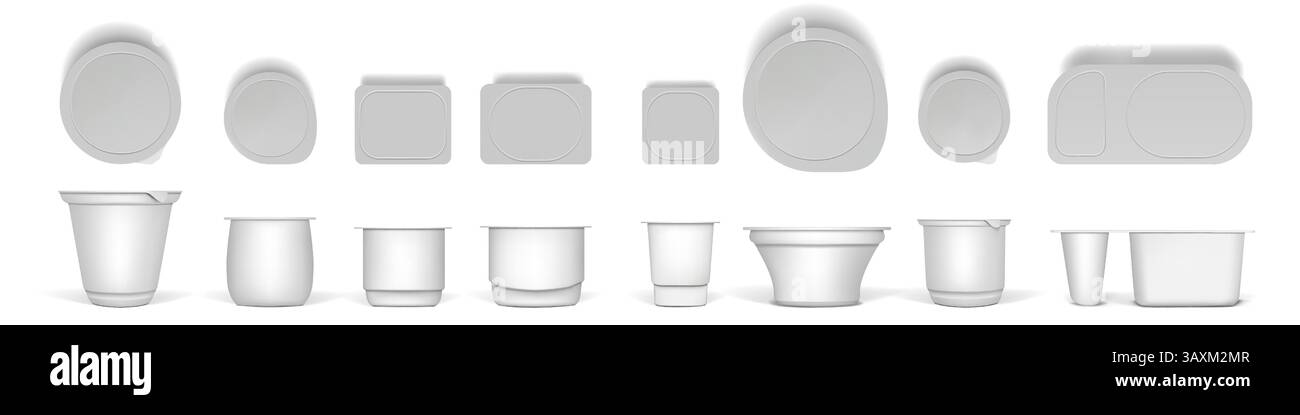 Yogurt cup. Plastic container. Package mockup. Realistic pot pack for dairy product. Yoghurt jar shapes. Blank sour cream box side and top view. Round lid. Milk mousse dessert. Vector packaging set Stock Vector