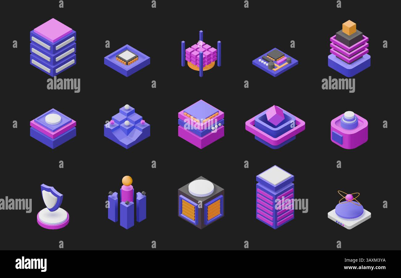 Isometric box. 3d technology cube in digital perspective. Abstract geometry tech shapes. Futuristic database. Computer microchip. Processor shield. Glowing purple datacenter. Vector rectangle logo set Stock Vector