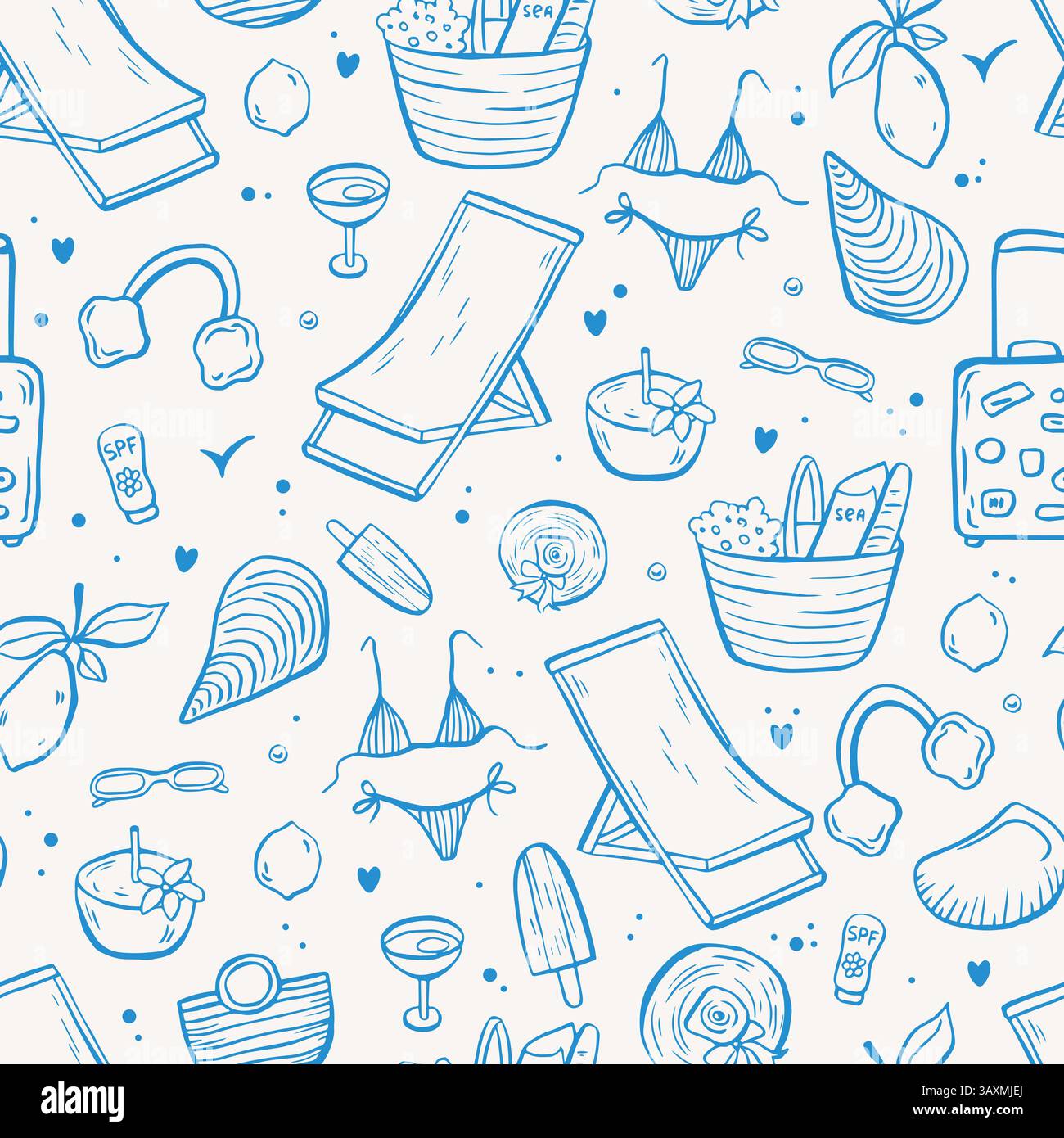 Sea life doodle hand drawn seamless pattern. Mediterranean life in blue ...