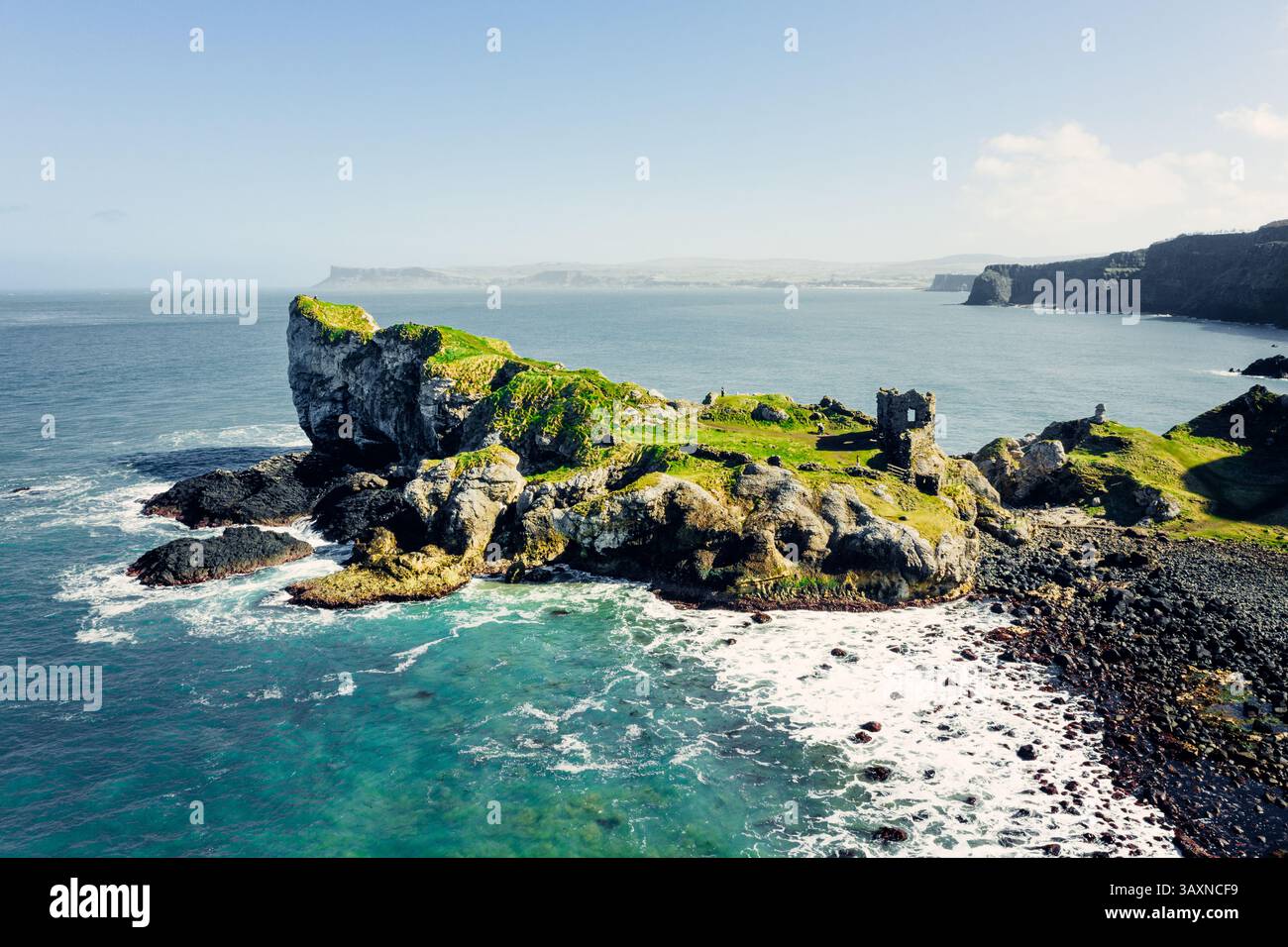 Aerial View Of Kinbane Castle Ruins On A Clear Sunny Day With Coastal 