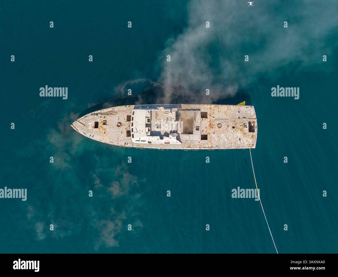 SAN CARLOS, MEXICO - APRIL 12: Aerial view of the ship with smoke ...