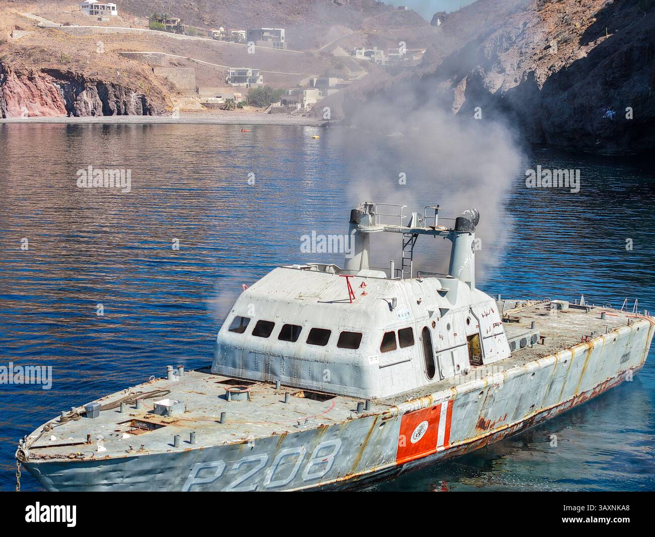 SAN CARLOS, MEXICO - APRIL 12: Aerial view of the ship and smoke during ...