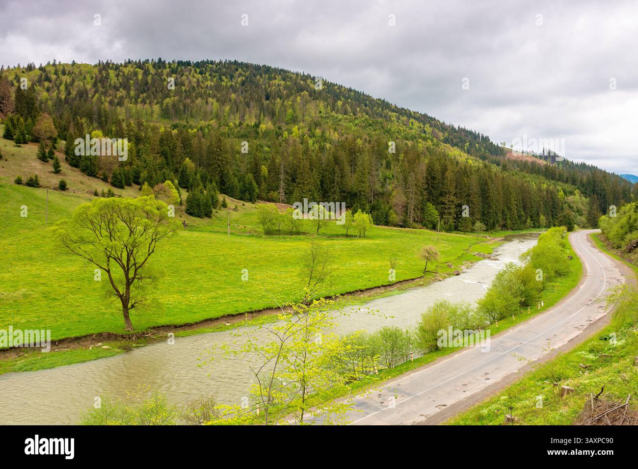 mountain landscape with road along river. alpine district. nature background for travel. green outdoor with forest on the hill. natural environment fo Stock Photo