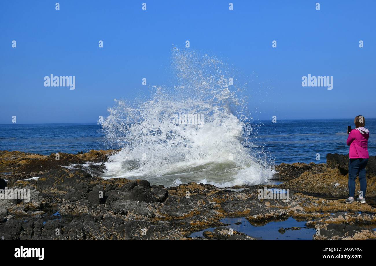 Visitor catches the wave explosion at Thors Well on the Oregon Coast ...