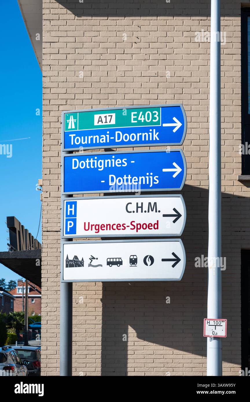 Traffic signs to the E 403 highway, national roads, the hospital and ...