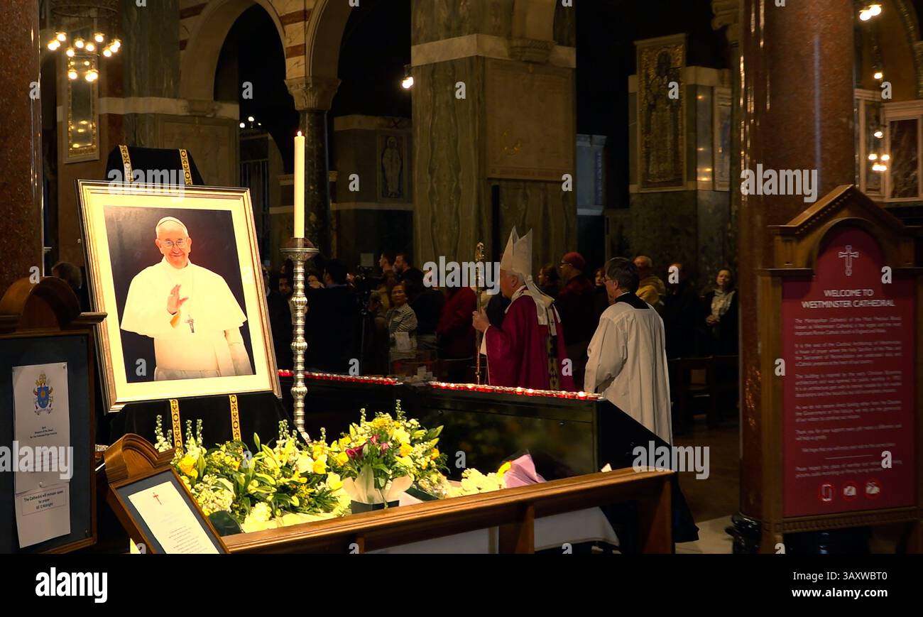 Screen grab taken from PA Video of Archbishop of Westminster Cardinal Vincent Nichols delivers his homily at Westminster Cathedral during a Requiem Mass for His Holiness Pope Francis following the announcement by the Vatican of the death of Pope Francis aged 88. Picture date: Monday April 21, 2025. Stock Photo