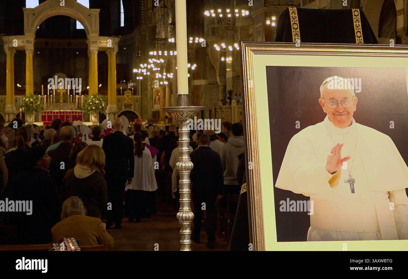 Screen grab taken from PA Video of Archbishop of Westminster Cardinal Vincent Nichols delivers his homily at Westminster Cathedral during a Requiem Mass for His Holiness Pope Francis following the announcement by the Vatican of the death of Pope Francis aged 88. Picture date: Monday April 21, 2025. Stock Photo
