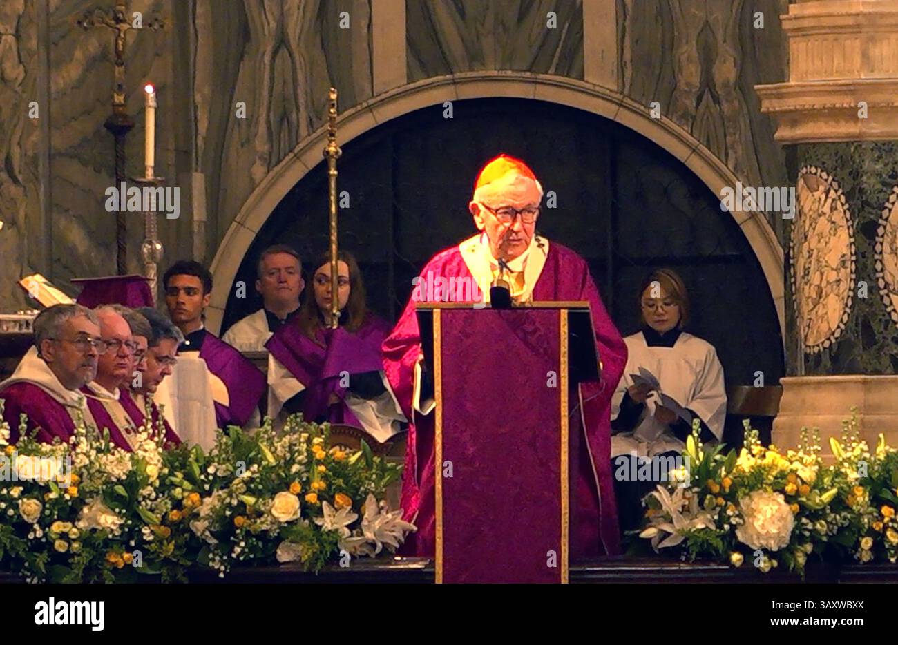 Screen grab taken from PA Video of Archbishop of Westminster Cardinal Vincent Nichols delivers his homily at Westminster Cathedral during a Requiem Mass for His Holiness Pope Francis following the announcement by the Vatican of the death of Pope Francis aged 88. Picture date: Monday April 21, 2025. Stock Photo
