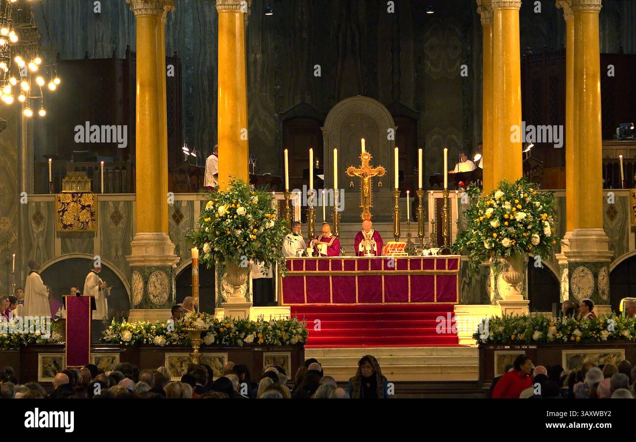 Screen grab taken from PA Video of Archbishop of Westminster Cardinal Vincent Nichols delivers his homily at Westminster Cathedral during a Requiem Mass for His Holiness Pope Francis following the announcement by the Vatican of the death of Pope Francis aged 88. Picture date: Monday April 21, 2025. Stock Photo