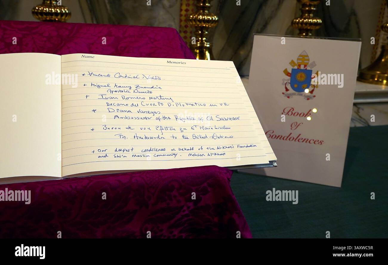 Screen grab taken from PA Video of a book of condolences at Westminster Cathedral during a Requiem Mass for His Holiness Pope Francis following the announcement by the Vatican of the death of Pope Francis aged 88. Picture date: Monday April 21, 2025. Stock Photo