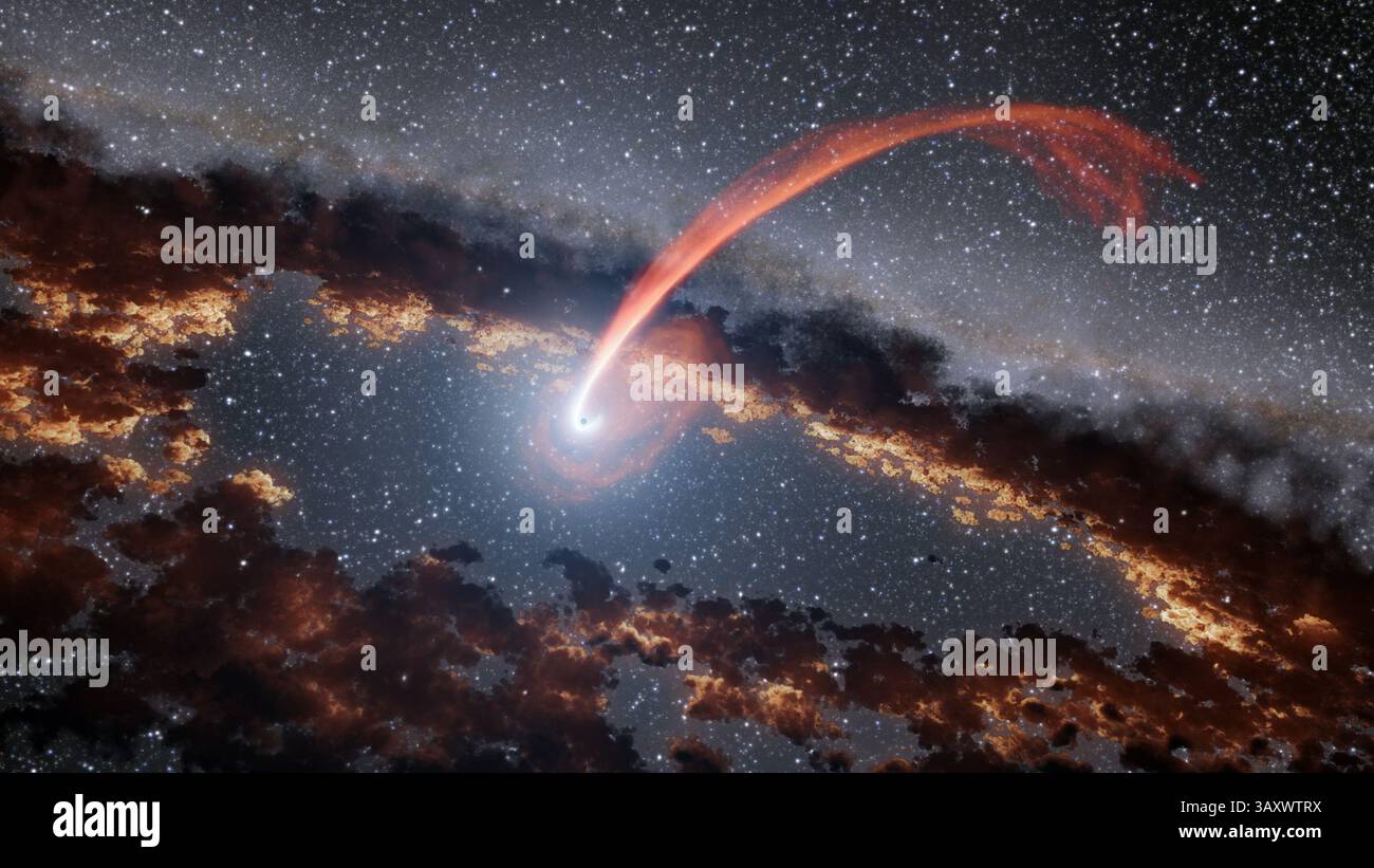 Sep 15, 2016 - Cape Canaveral, Florida, U.S. - This illustration shows a glowing stream of material from a star, disrupted as it was being eaten by a supermassive black hole. The feeding black hole is surrounded by a ring of dust. This dust was previously illuminated by flares of high-energy radiation from the feeding black hole, and is now shown re-radiating some of that energy as heat in the infrared part of the spectrum. When a star passes within a certain distance of a black hole, close enough to be swallowed up, the stellar material gets stretched and compressed as it is pulled in. A blac Stock Photo
