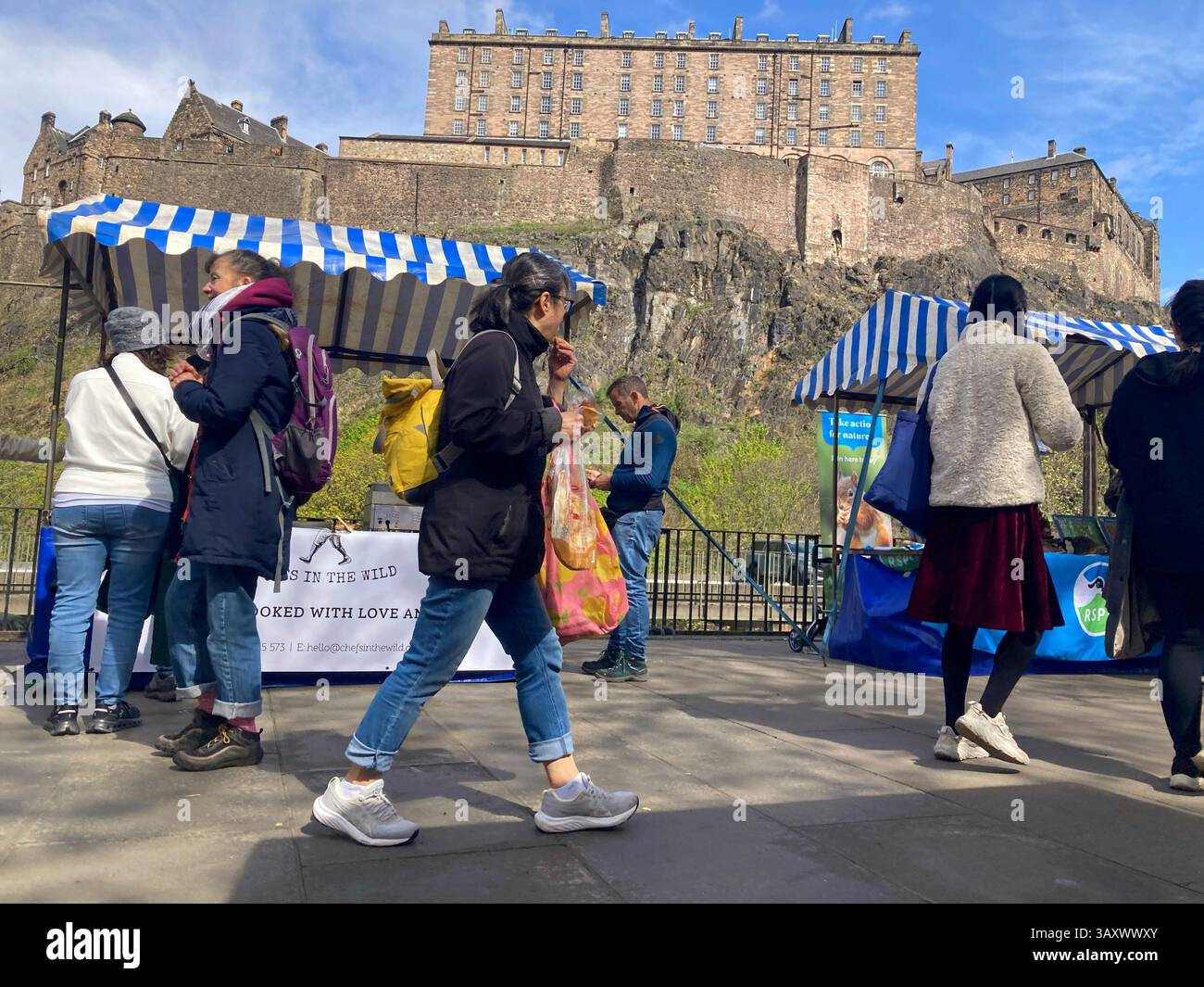 Edinburgh Farmers Market, with a view of Edinburgh Castle, Castle Terrace, Edinburgh Scotland - Smartphone Captured Stock Image
