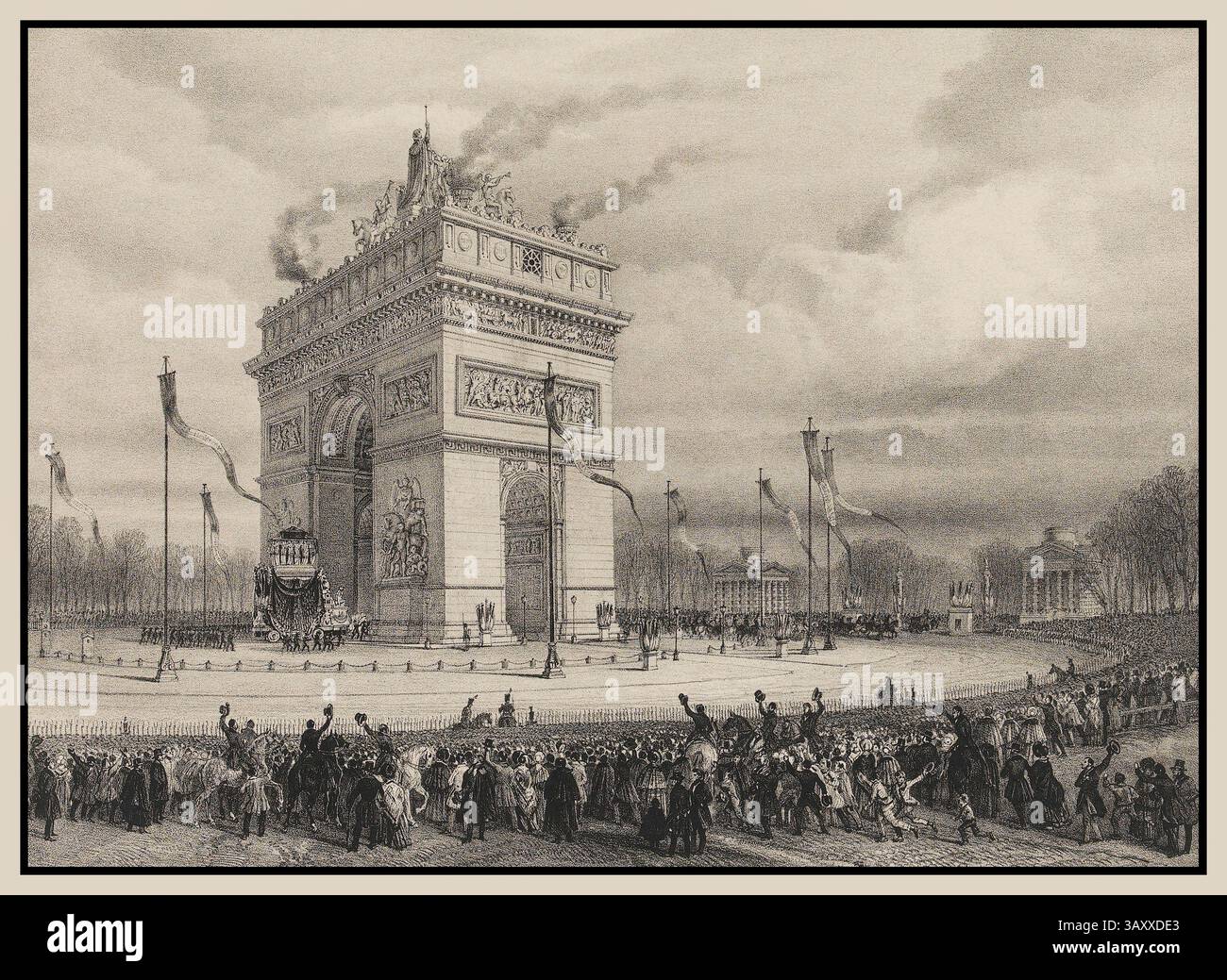 NAPOLEAN PARIS Funeral of Emperor Napoleon, December 15, 1840. Passing of the hearse under the Arc de Triomphe in Paris. France Stock Photo