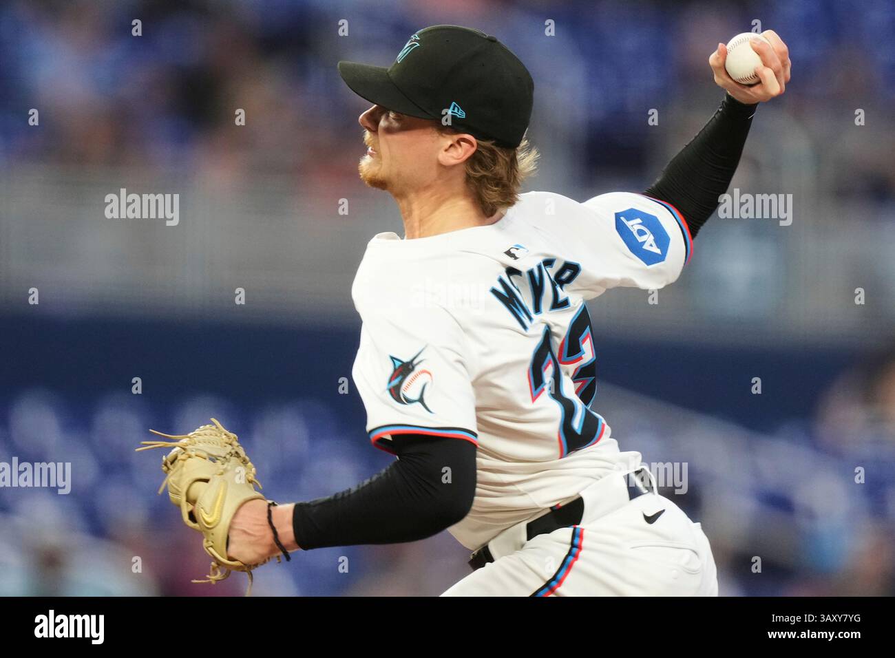 Miami Marlins starting pitcher Max Meyer (23) throws during the fourth ...