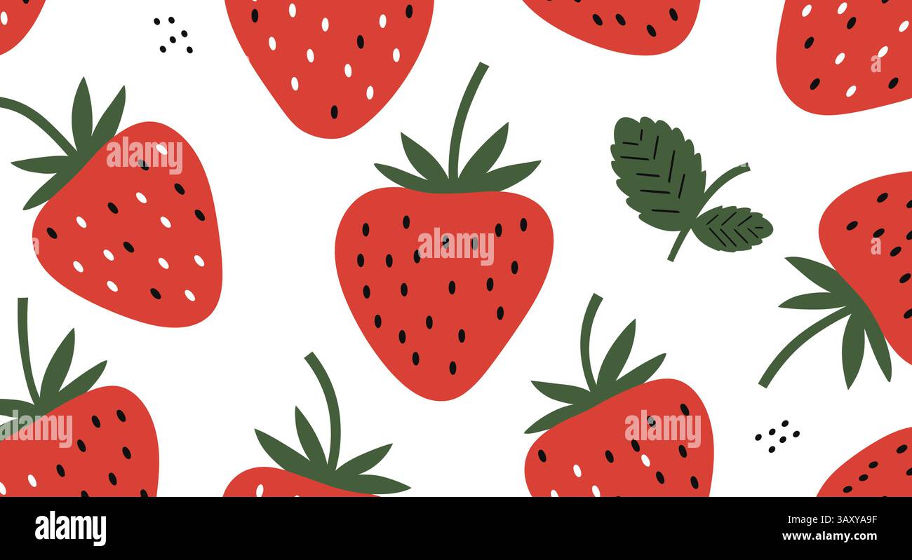 Hand‑Drawn Strawberry & Mint Leaves Seamless Pattern Stock Vector