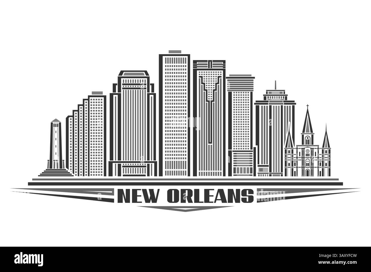 Vector illustration of New Orleans, monochrome card with linear design modern United States city scape, urban line art concept with decorative letteri Stock Vector