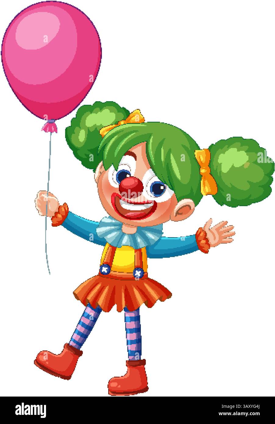 Colorful clown with green hair and a pink balloon, wearing a vibrant ...