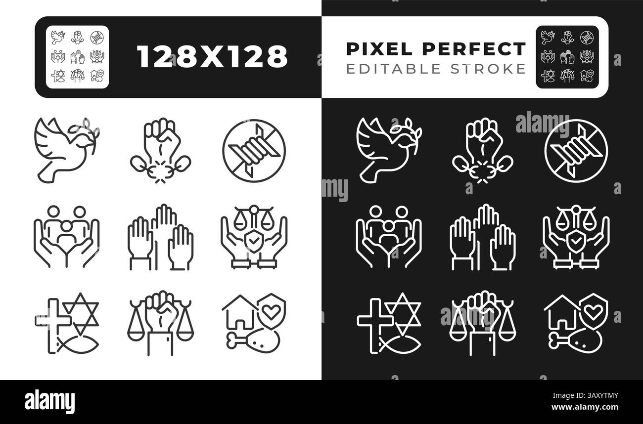 Basic human rights pixel perfect line black and white line icons set Stock Vector