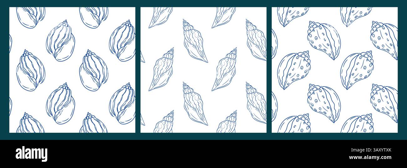 Patterns of seashell illustrations in blue ink on white background in a ...