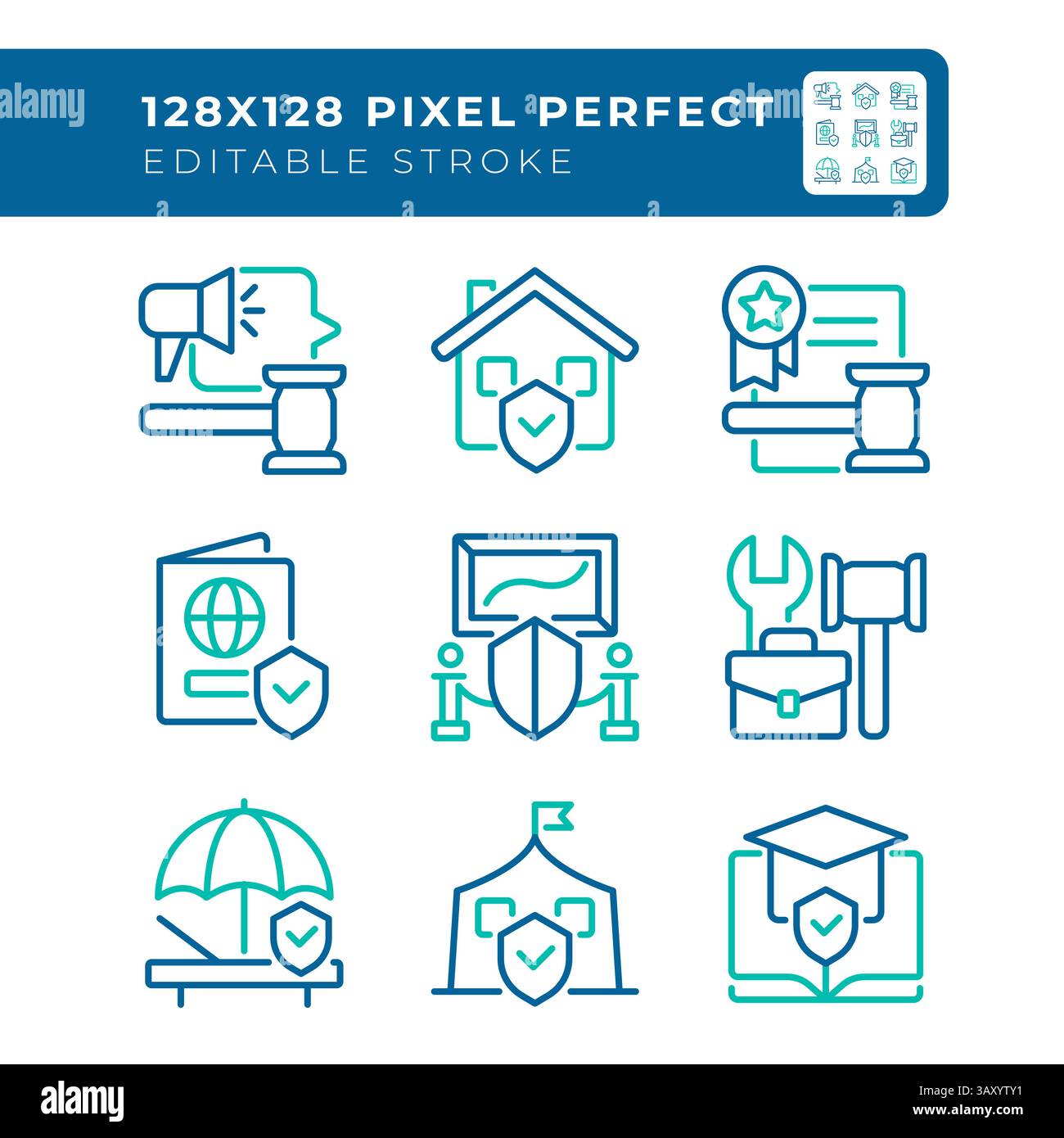 Human right protection pixel perfect two color line icons set pixel perfect Stock Vector