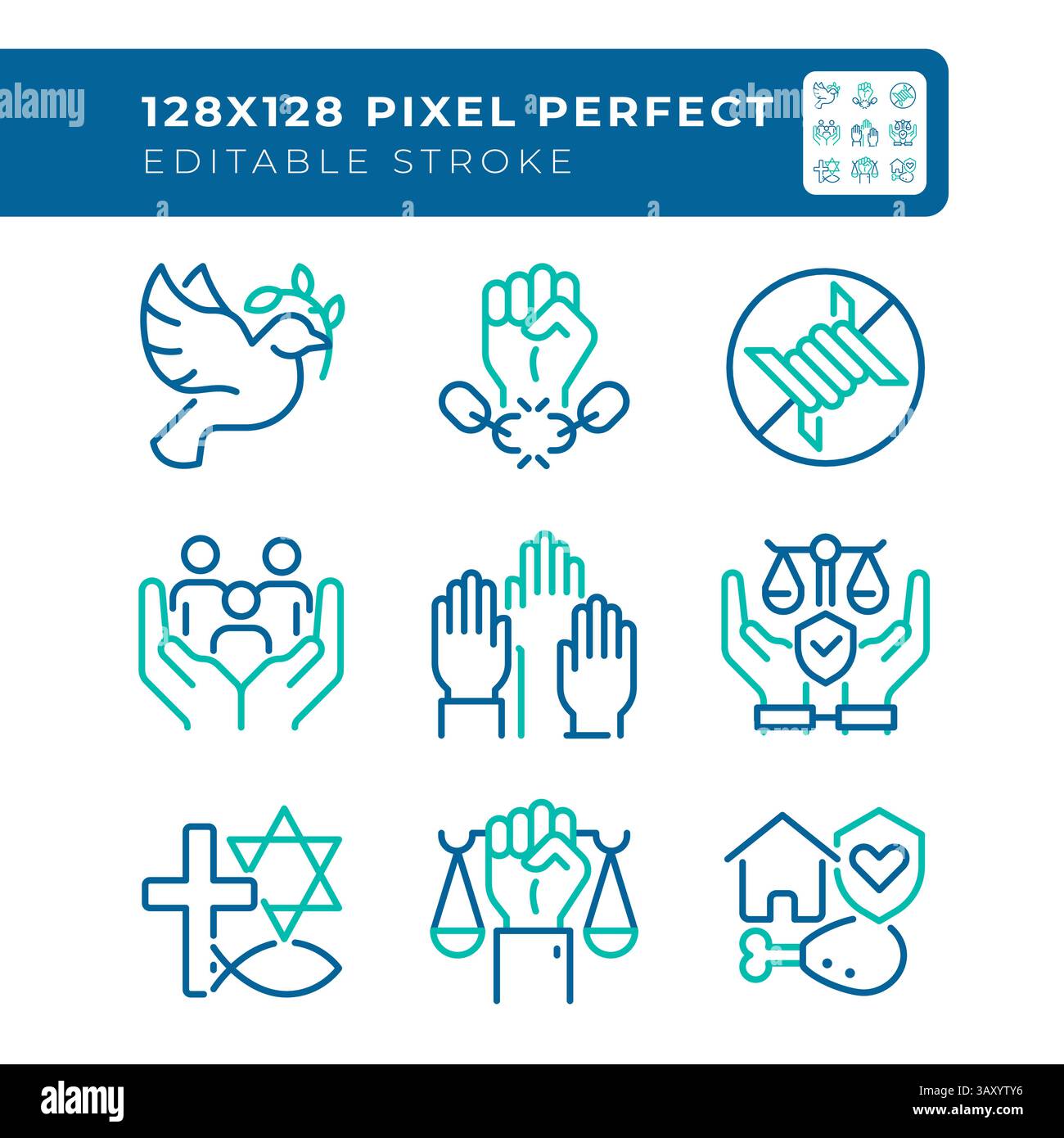 Basic human rights pixel perfect two color line icons set Stock Vector