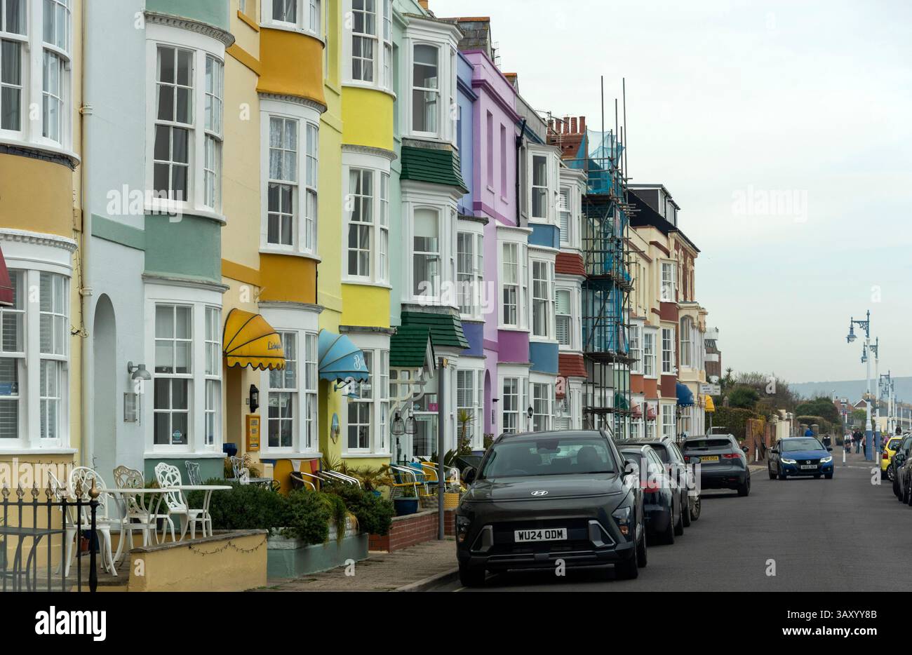 Weymouth Dorset England UK. 12.04.2025. Colourful bed and breakfast places for overnight accommodation on the seafront. Weymouth UK. Stock Photo