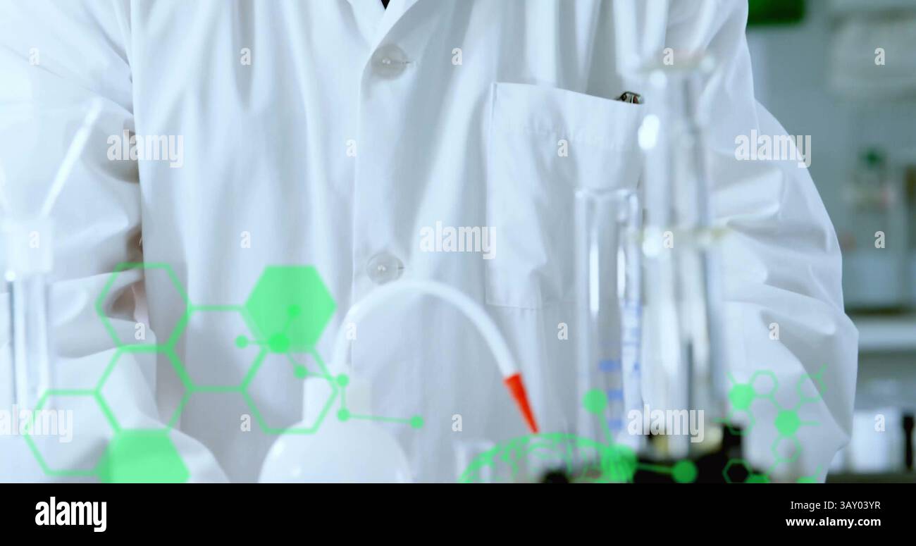 Lab Bench Glassware Senior scientist is handling chemical glassware on flat design lab ...