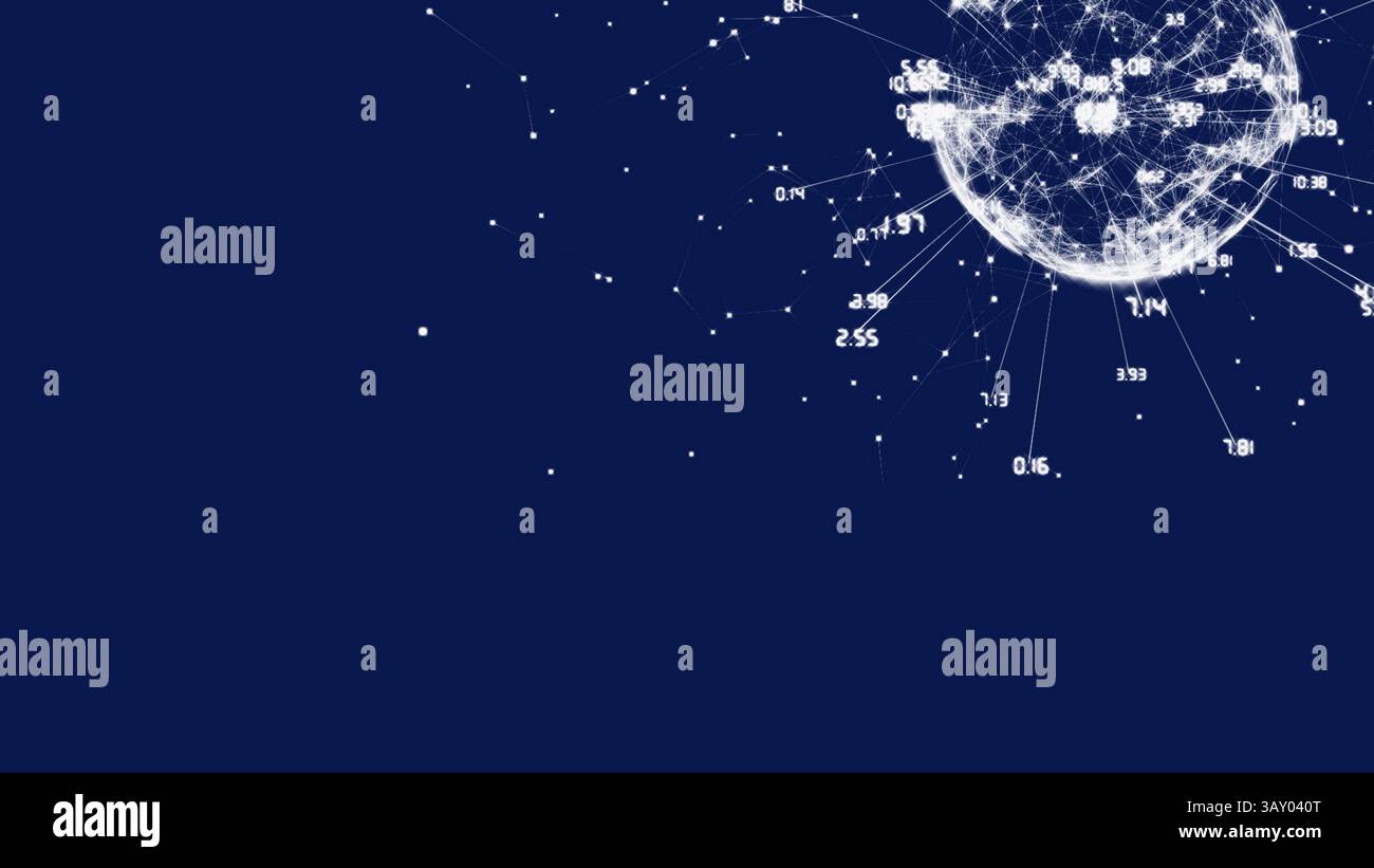 3D wireframe globe is rotating in abstract cyberspace with tech data labels, nodes Stock Photo