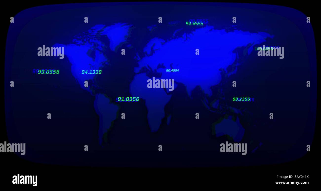 Displaying digital flat design world map graphic with grid and green numeric points for technology Stock Photo