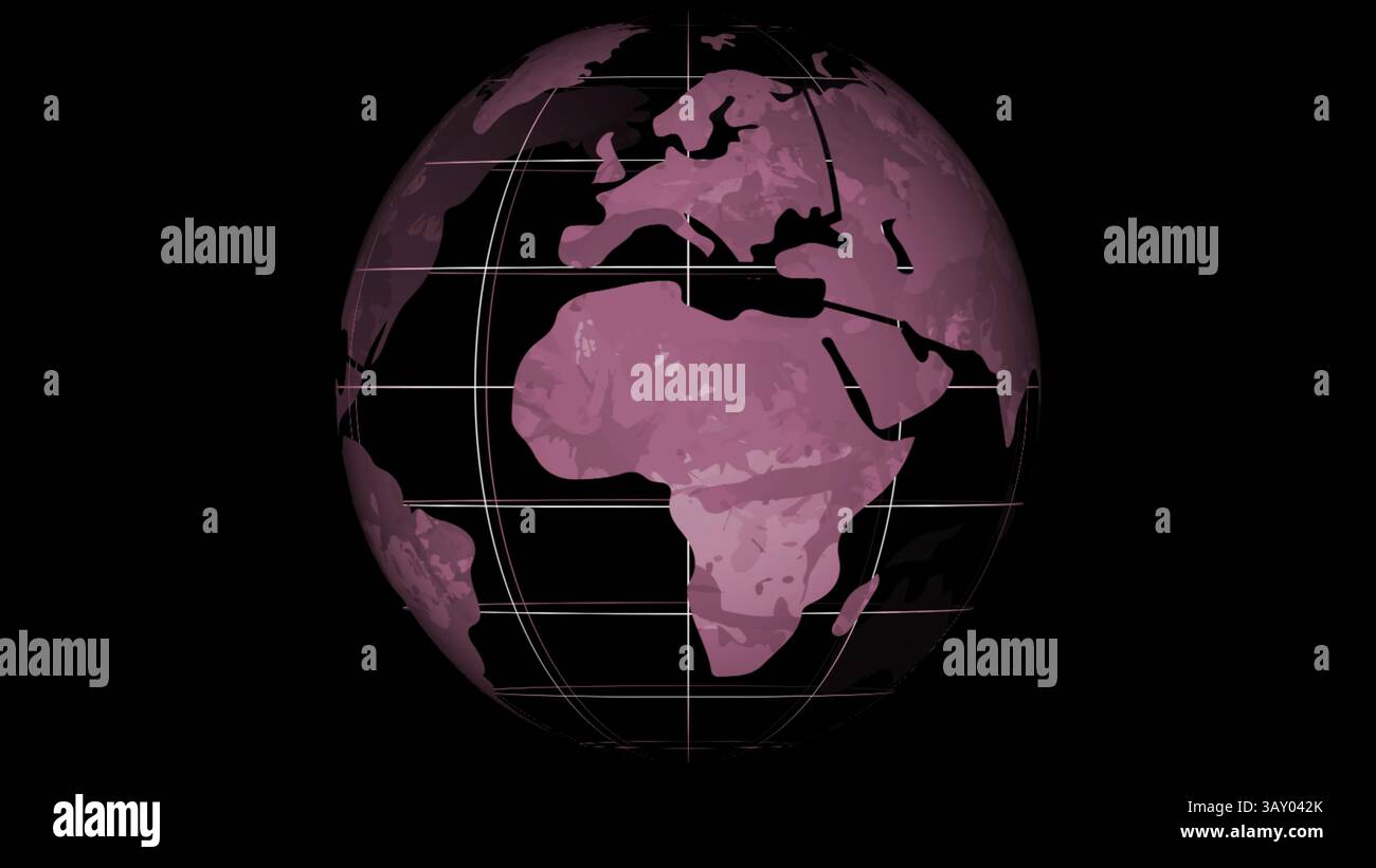 Stylized globe is hovering in flat design, showing tech theme with grid lines, mauve continents Stock Photo