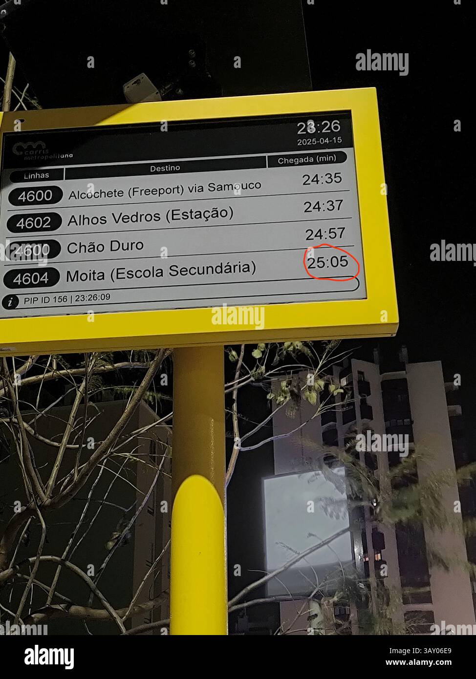 Carris bus arrival time information panel with computer bug showing hours in the wrong format. Barreiro-Portugal Stock Photo