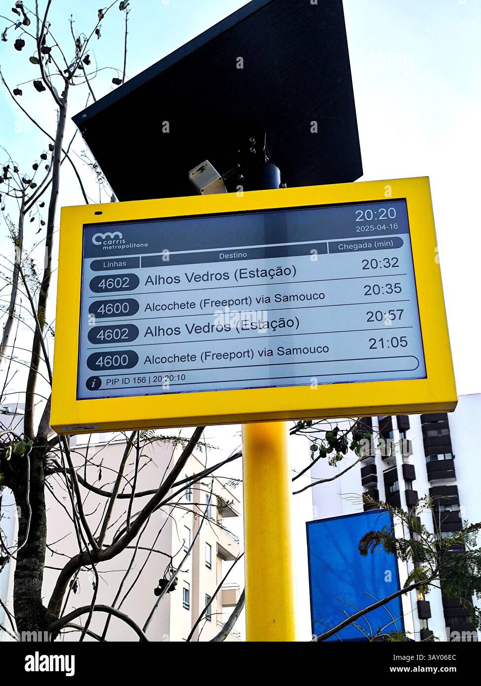 Carris bus arrival time information panel with computer bug showing hours in the wrong format. Barreiro-Portugal Stock Photo