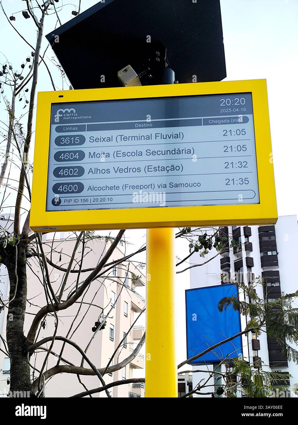 Carris bus arrival time information panel with computer bug showing hours in the wrong format. Barreiro-Portugal Stock Photo