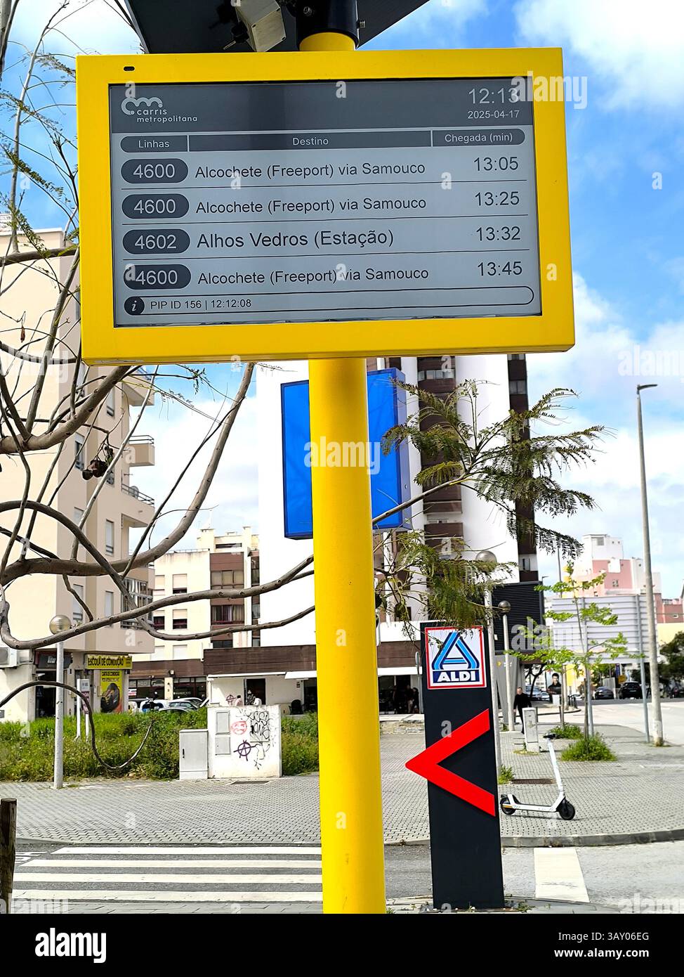 Carris bus arrival time information panel with computer bug showing hours in the wrong format. Barreiro-Portugal Stock Photo