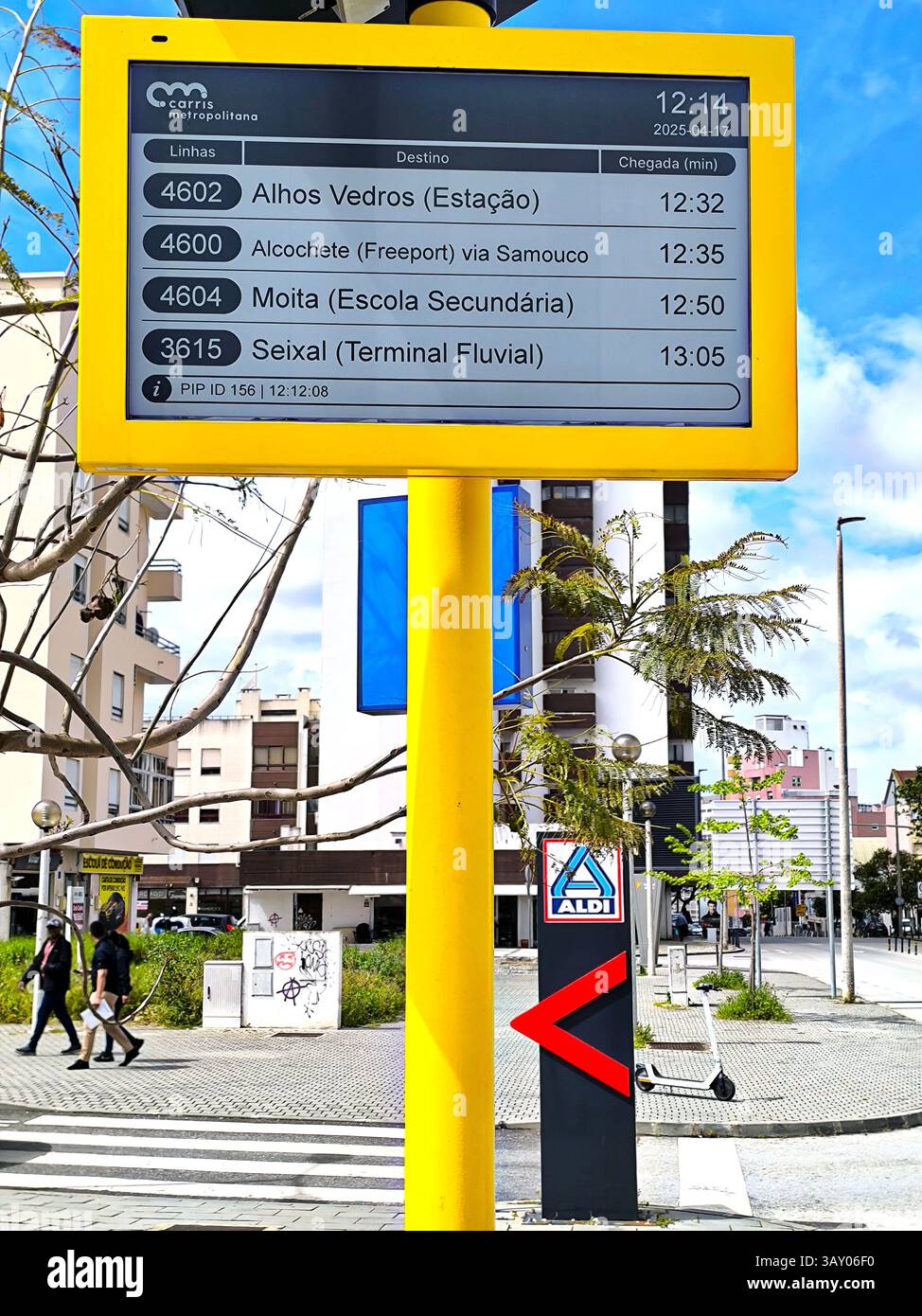 Carris bus arrival time information panel with computer bug showing hours in the wrong format. Barreiro-Portugal Stock Photo