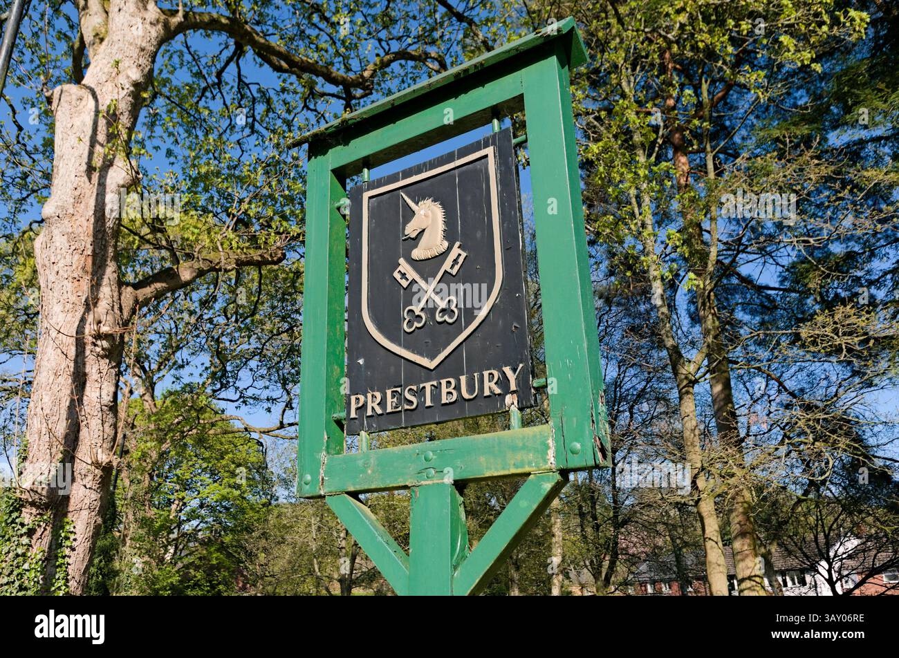 Prestbury village sign - unicorn and cross keys Stock Photo