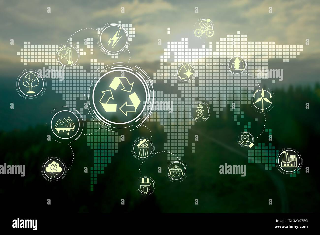 Environment concept. Scheme with different eco themed icons, world map ...