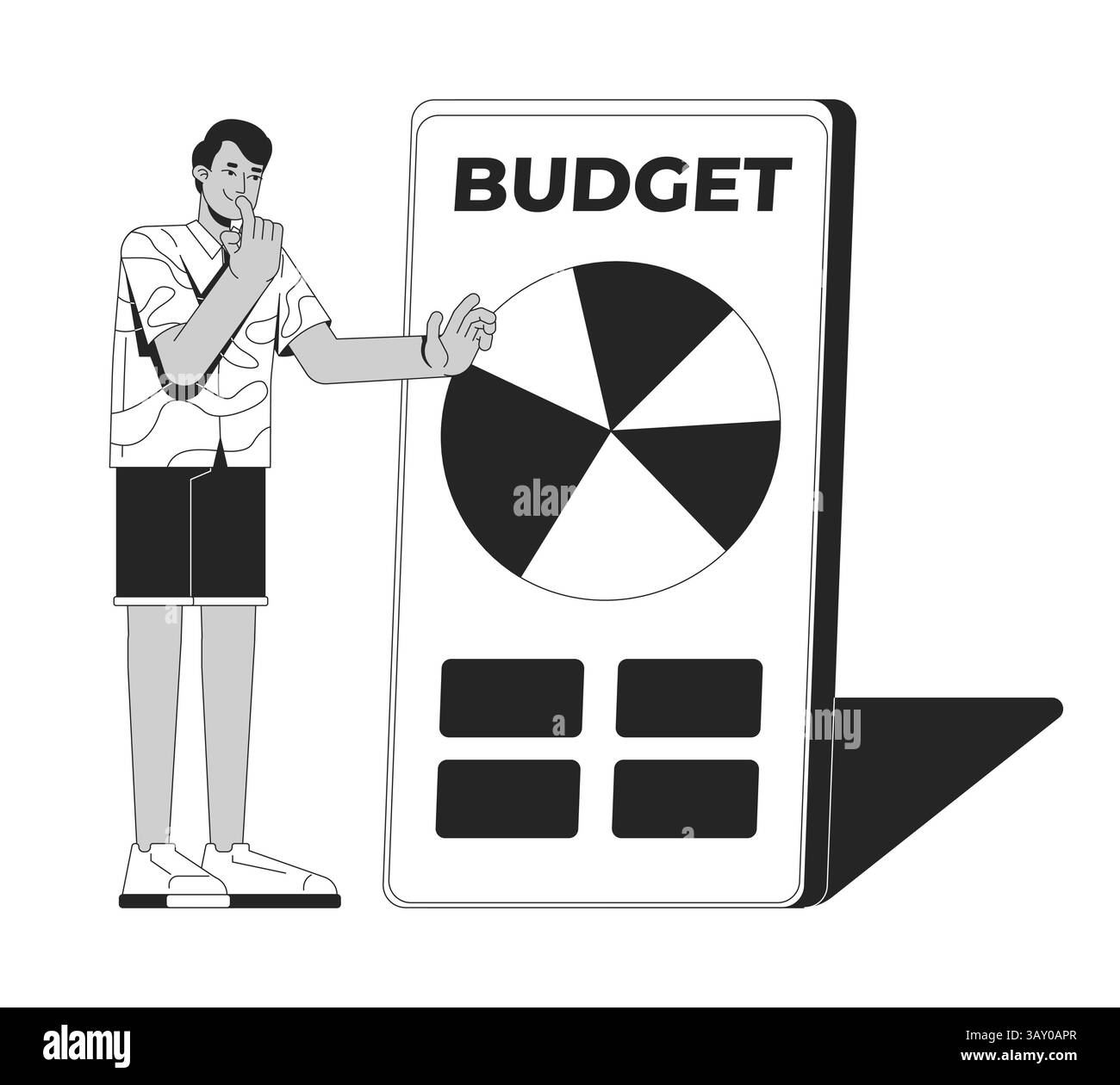 Man analyzing pie chart on budgeting app line illustration concept Stock Vector