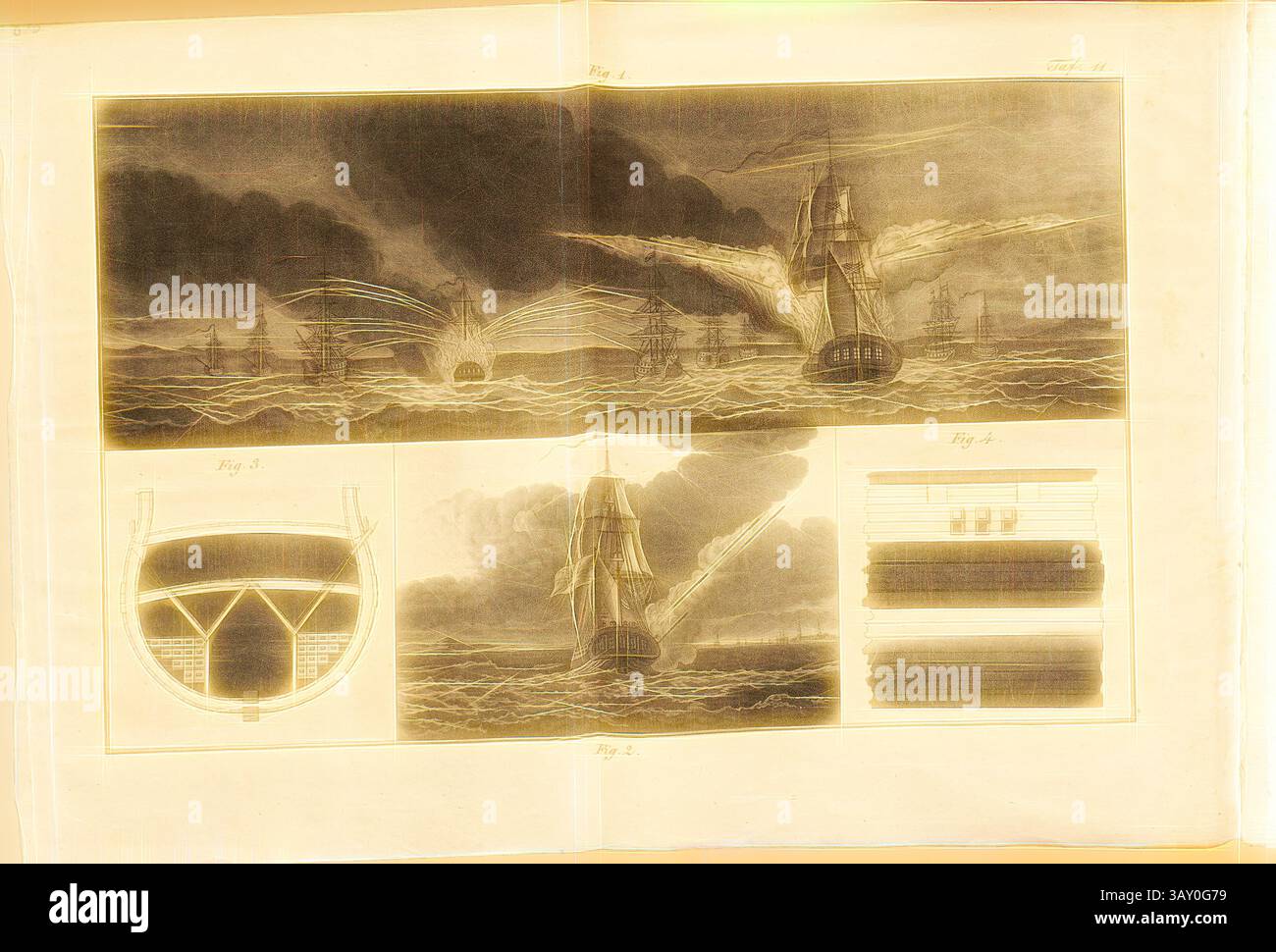 A detailed illustration depicting a naval scene with ships engaging in ...
