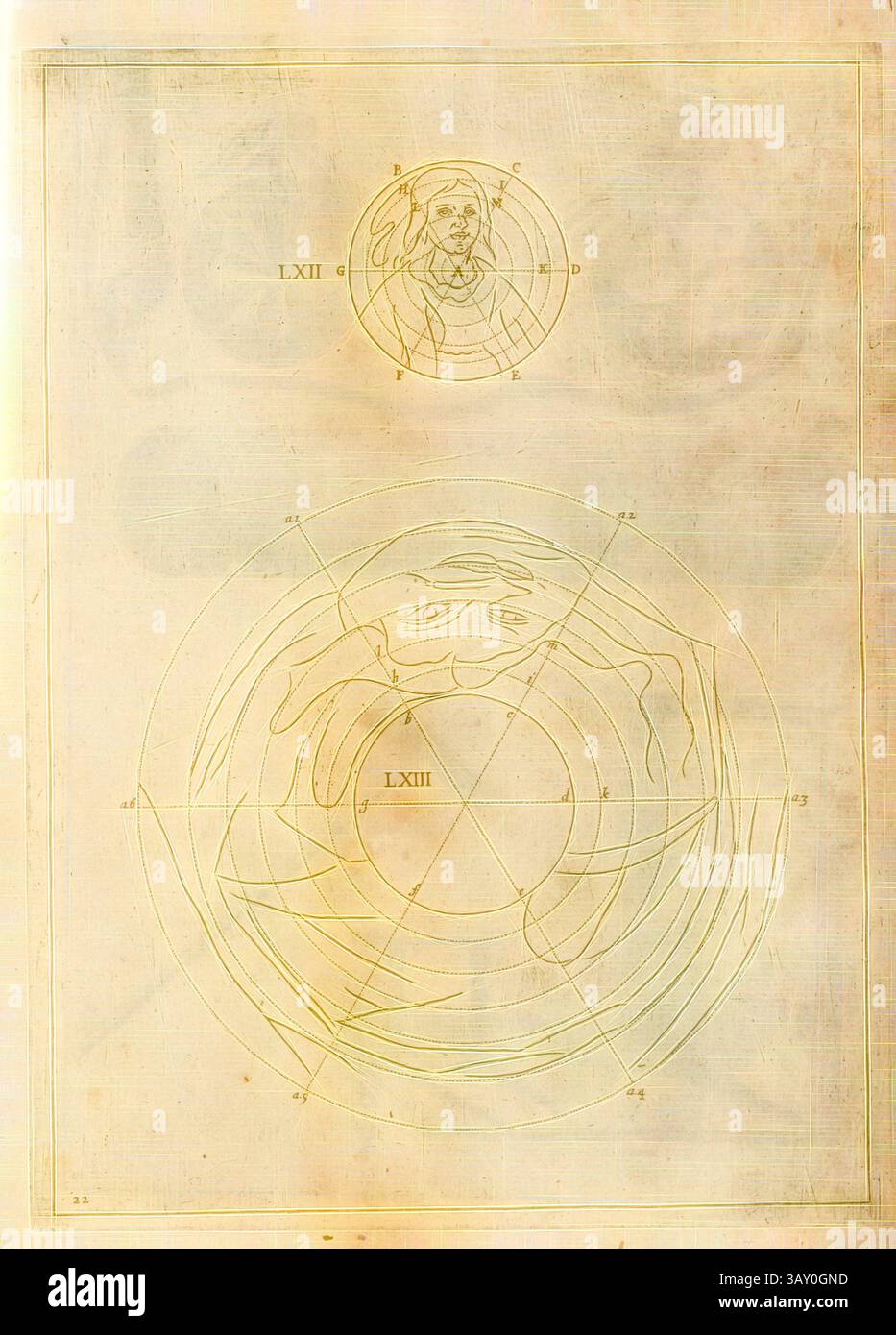 A detailed illustration featuring a central circular design with radiating lines, accompanied by a smaller circular section above displaying a figure in a contemplative pose, both marked with numerical identifiers., Anamorphose, Anamorphosis, pl. 22, after p. 120, 1638, Jean Francois:, Classic art with a modern twist reimagined by Artotop Stock Photo