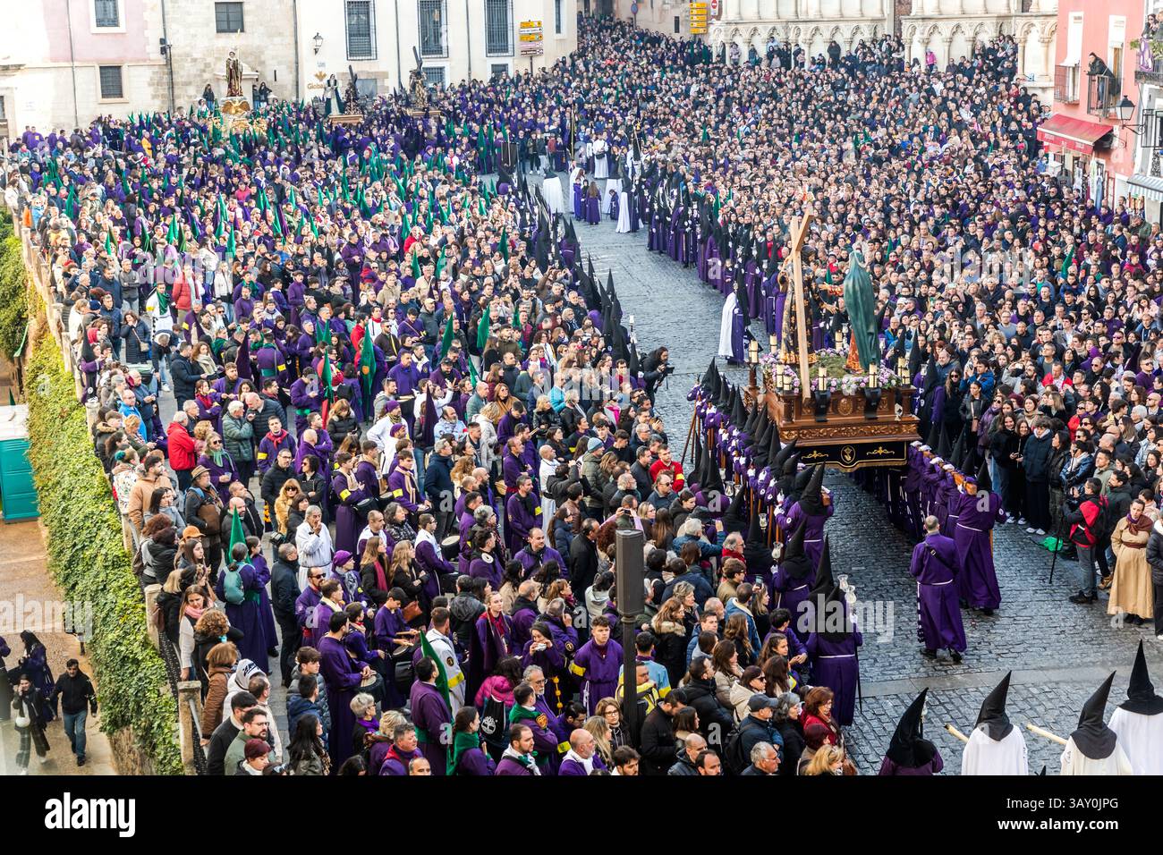 The Plaza Mayor of Cuenca during the Good Friday procession Camino del Calvario. Calle del Clavel, Cuenca, Castile-La Mancha, Spain Stock Photo