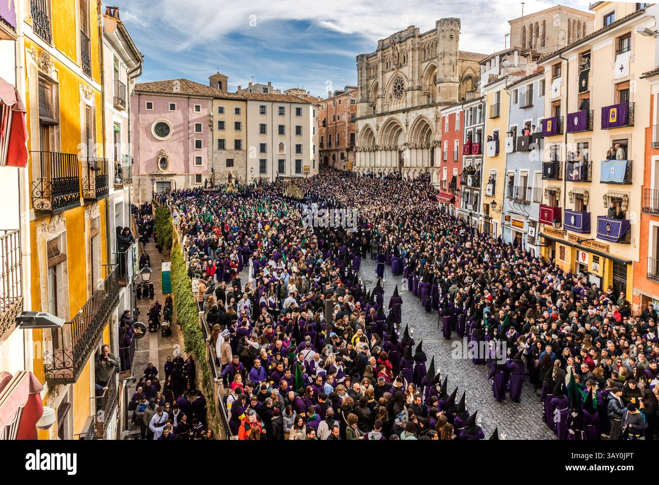 The Plaza Mayor of Cuenca during the Good Friday procession Camino del Calvario. Plaza Mayor, Cuenca, Castile-La Mancha, Spain Stock Photo