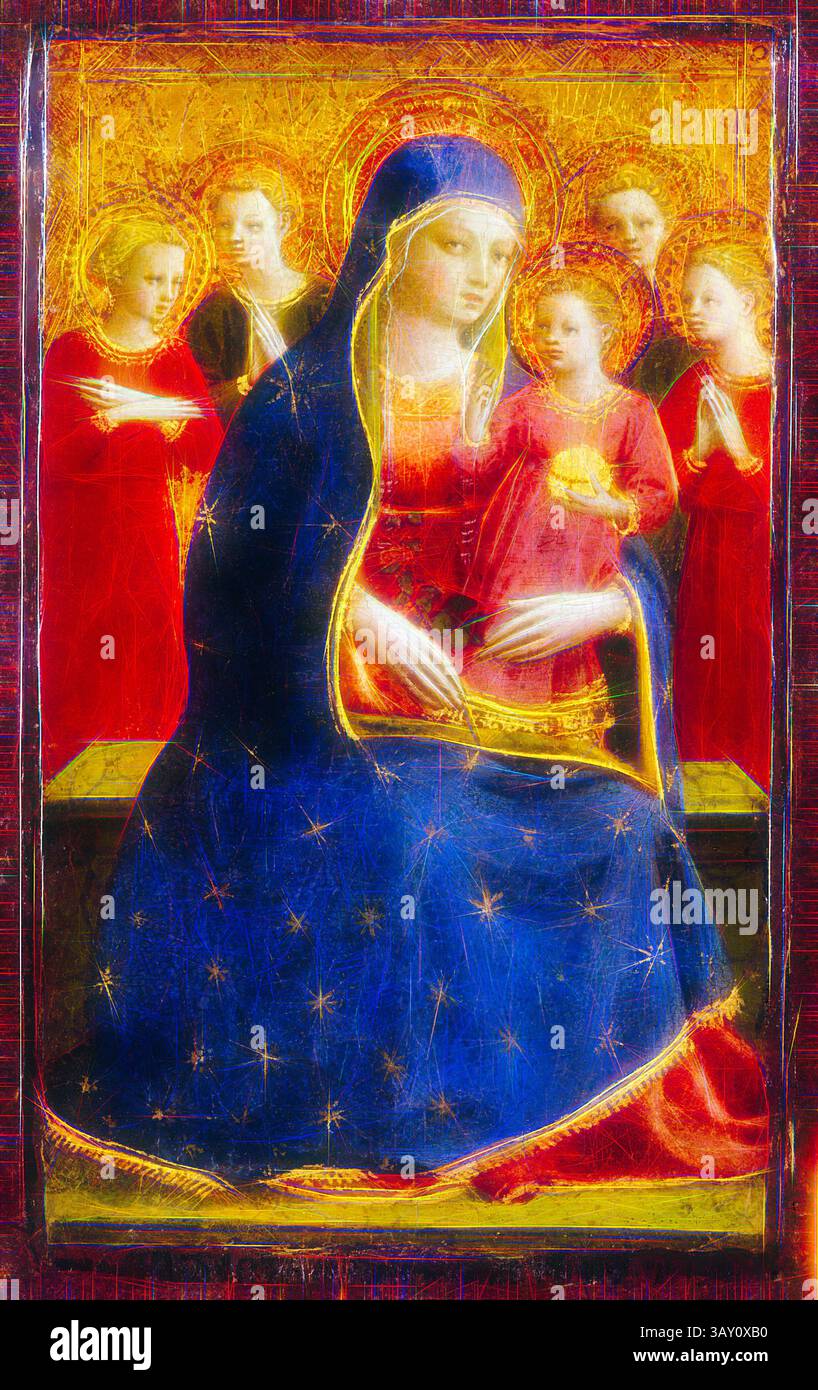 A serene depiction of the Virgin Mary, adorned in a flowing blue robe ...