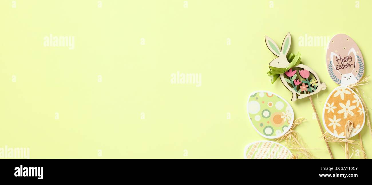 Easter banner, header, cover template. Wooden Easter eggs and bunny on ...