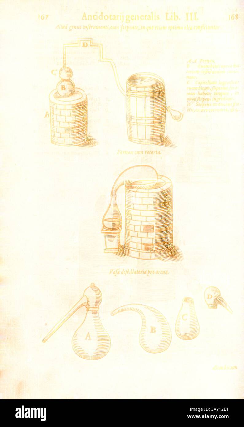 An illustration depicting a series of apparatuses used in alchemy or ...