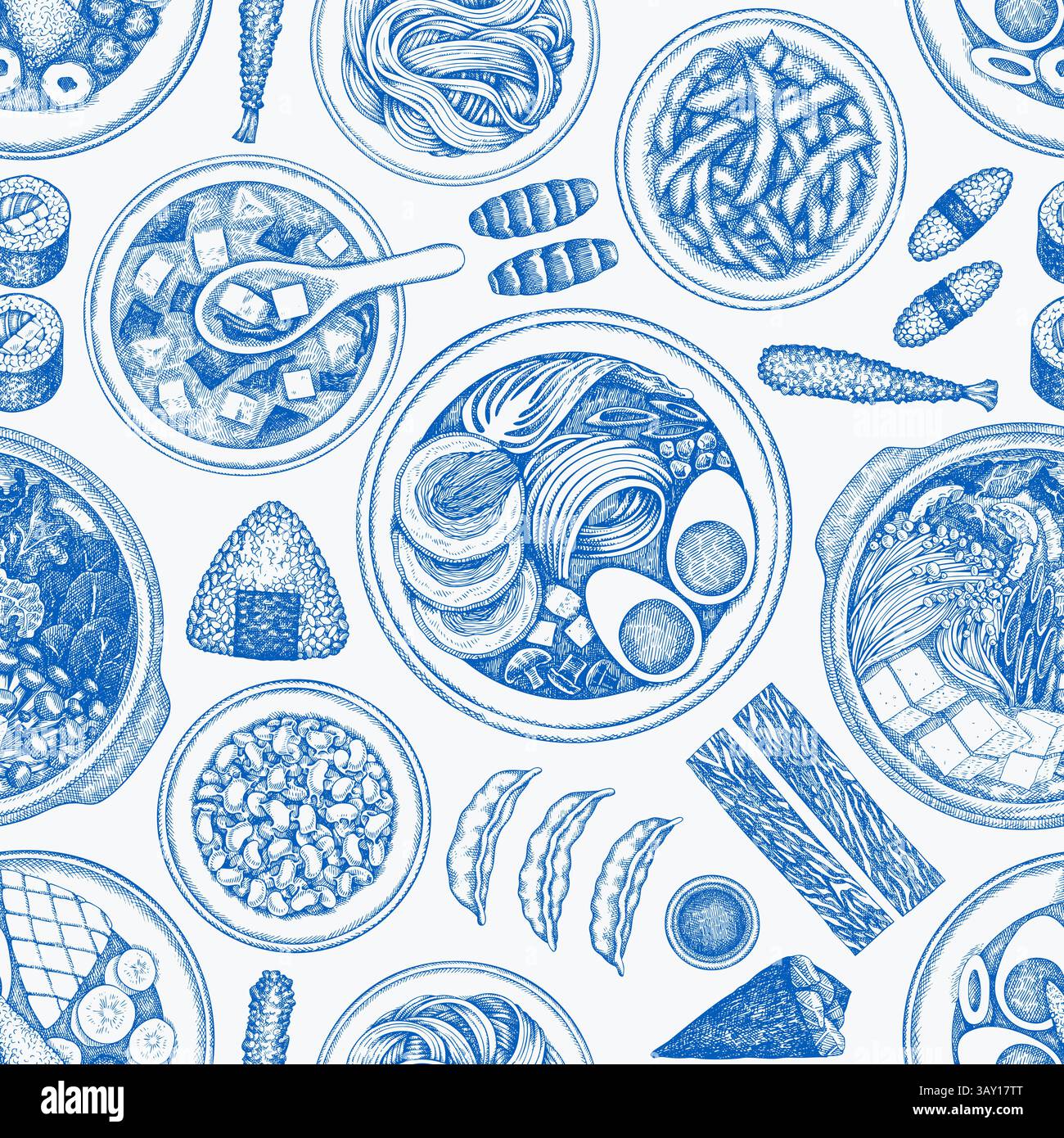 Japanese Cuisine Vector Seamless Pattern. Asian Dishes Hand Drawn ...