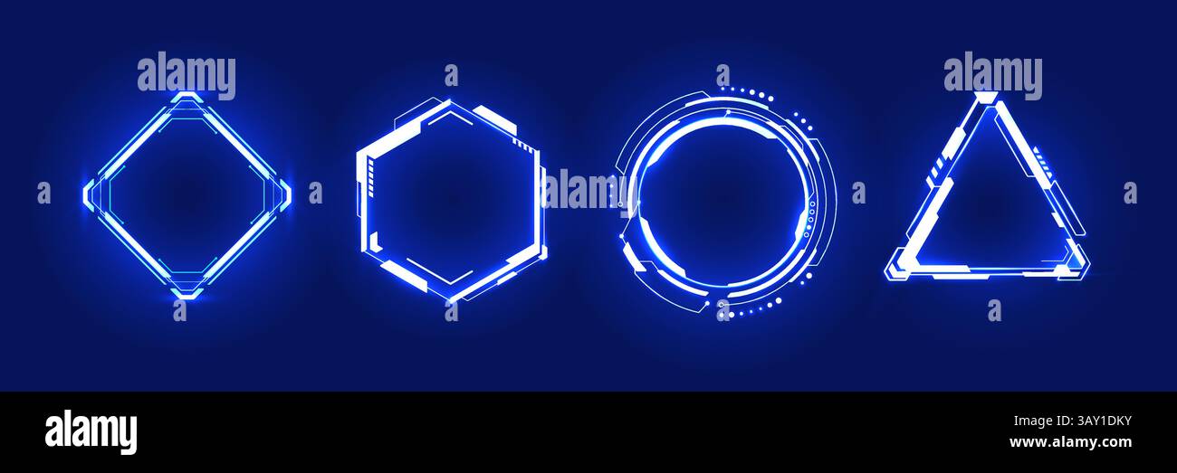 Abstract set of neon light blue portals or HUD futuristic tech frames Stock Vector