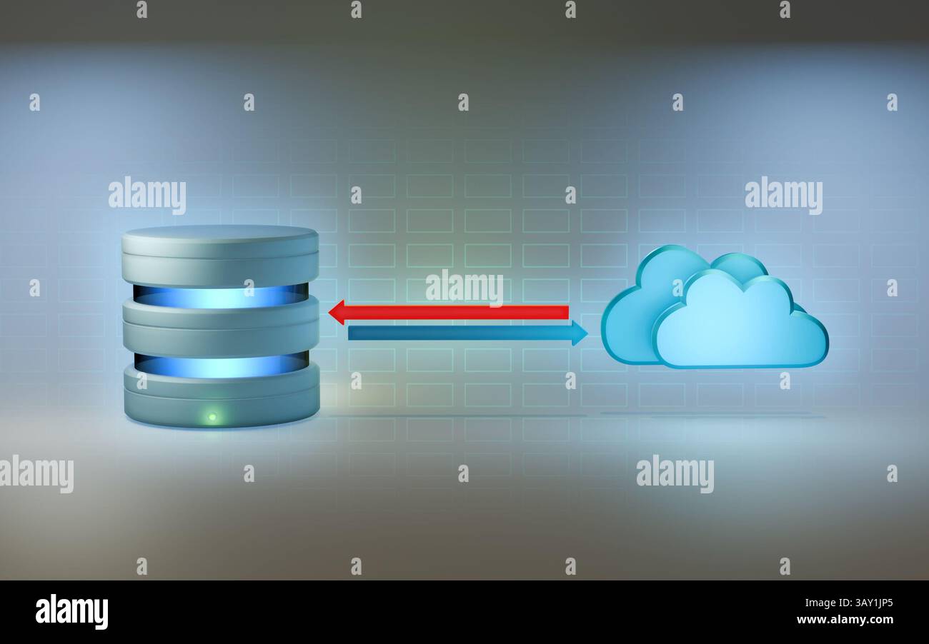 Local database sync with remote cloud server. Digital illustration, 3d render. Stock Photo